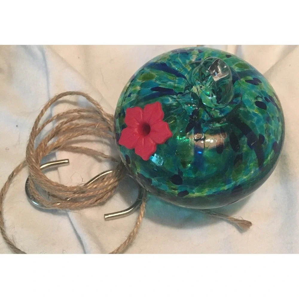 Blue and Green Speckled Hand‎ Blown Art Glass Hummingbird Nectar Feeder & Hanger